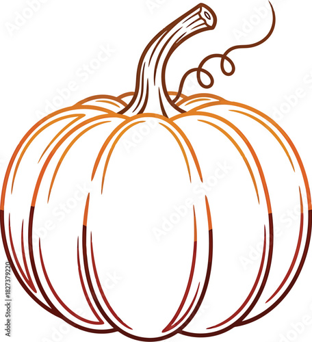 Stylized Autumn Pumpkin Illustration with Outline Design and Curled Vine