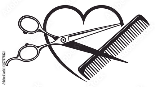 Salon style love: Scissors and comb in a heart, perfect for a professional beauty logo, haircut graphic, or creative hair care brand identity design