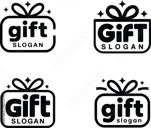 Set of four simple black and white gift box logos with text placeholders