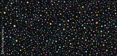 Multicolored Star and Dot Pattern on Black Background. Yellow, Blue, Pink, Orange, Green Celestial Design for Party Decor, Space Graphics, Festive Wallpaper, and Magical Night Sky Themes