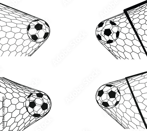 Four soccer balls caught in net goals in a collage style