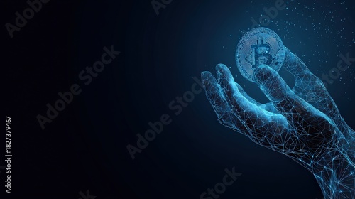 A digital glowing hand presents a pristine Bitcoin. The scene is immersed in a modern, ethereal ambience. ..Created with Generative AI, not depicting real subjects.