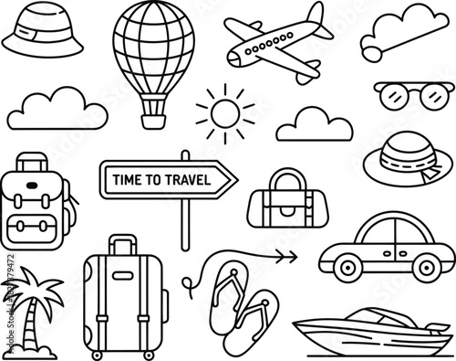 Hand drawn travel icons for vacation and adventure with airplane and suitcase