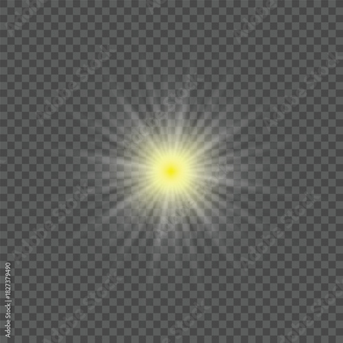 Yellow sun vector light explosion with star sparkle effect on transparent