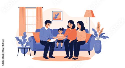 A professional counselor consults with a family of two women and a young child in their comfortable living room.