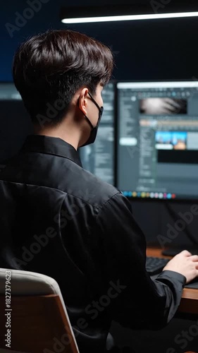 Rear view of person in black shirt and mask editing on dual computer monitors at night
