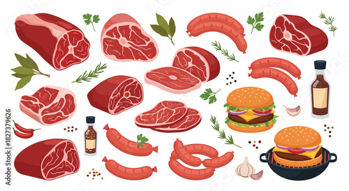 A diverse collection of fresh raw meat cuts, sausages, and hamburgers, surrounded by aromatic herbs and spices, perfect for grilling and cooking.