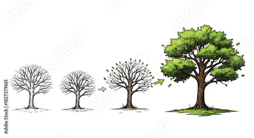 The life cycle of a tree from winter dormancy to full summer foliage, illustrating growth and seasonal change.