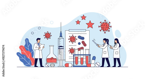 Medical professionals conduct scientific research on diseases, developing vaccines and treatments in a laboratory setting.