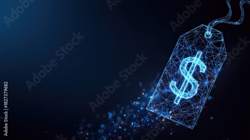 A digital price tag floating on the dark background, with glowing dollar symbol, evoking themes of financial transactions and market value.  ..Created with Generative AI, not depicting real subjects.