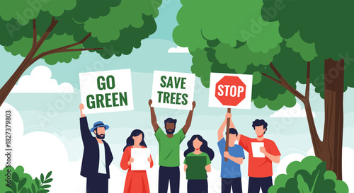 A diverse group of people holding protest signs, advocating for environmental protection, urging to save trees and go green.