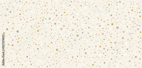 Whimsical Star and Dot Pattern on Beige Background. Gold, Pink, Gray Celestial Elements for Festive Wallpaper, Wrapping Paper, Celebration Design, Nursery Decor, and Magical Graphic Projects