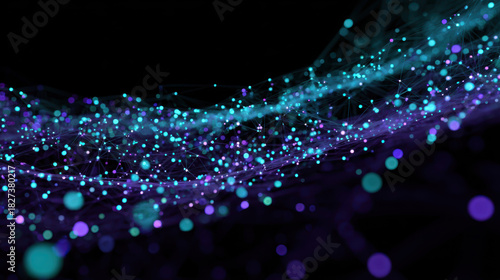 Abstract graphic of interconnected data nodes forming bridge, glowing blue and purple lights