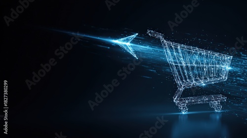 A futuristic shopping cart design with a digital, vibrant glow against a dark backdrop. ..Created with Generative AI, not depicting real subjects.