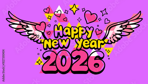 happy new year 2026 with wings, hearts, and stars on a geometric background