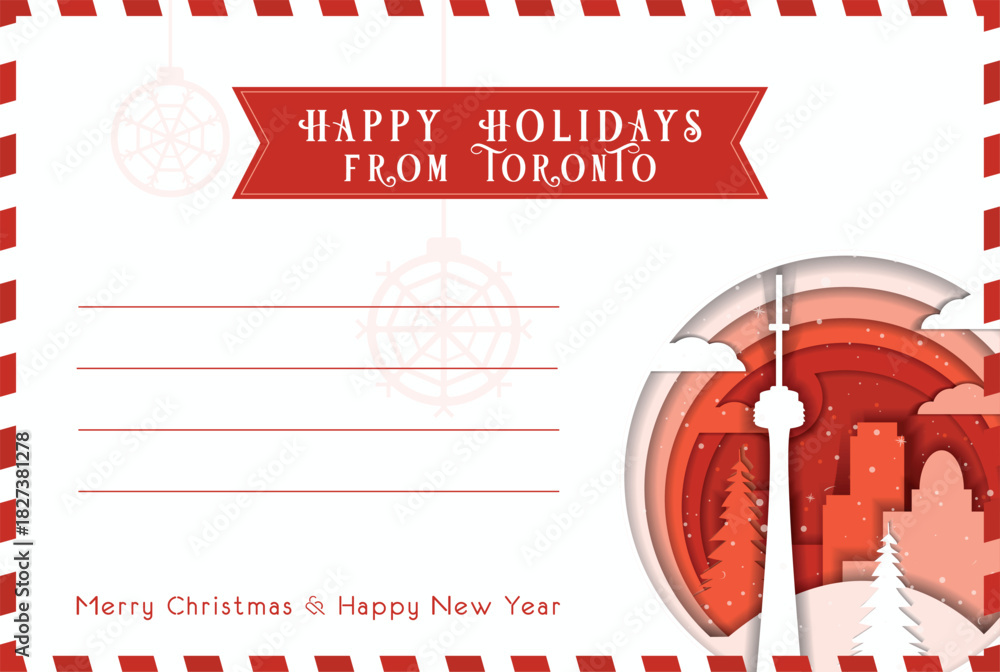 Fototapeta premium From Toronto Happy Winter Holidays postal card template. Vector blank postcard illustration for Christmas, New Year celebration with landmarks, message space layout
