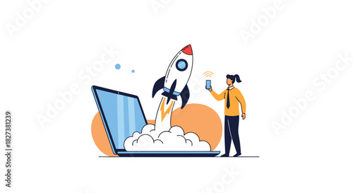 A conceptual illustration of a person launching a rocket from a laptop, symbolizing digital startup, fast project deployment, or technological innovation.