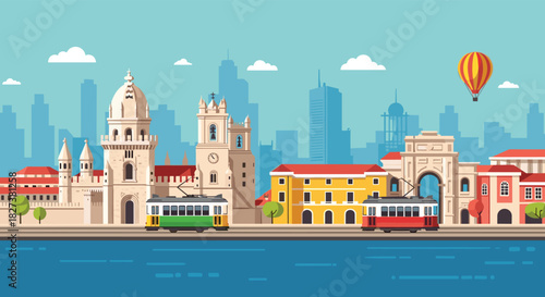 A beautiful, colorful vector illustration of Lisbon's iconic landmarks and traditional trams along the Tagus River.