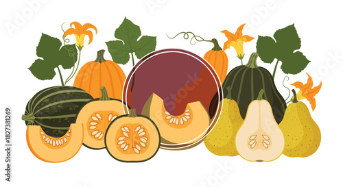 Autumn harvest arrangement with various pumpkins, gourds, and pears, featuring leaves and blossoms, set against a white background.