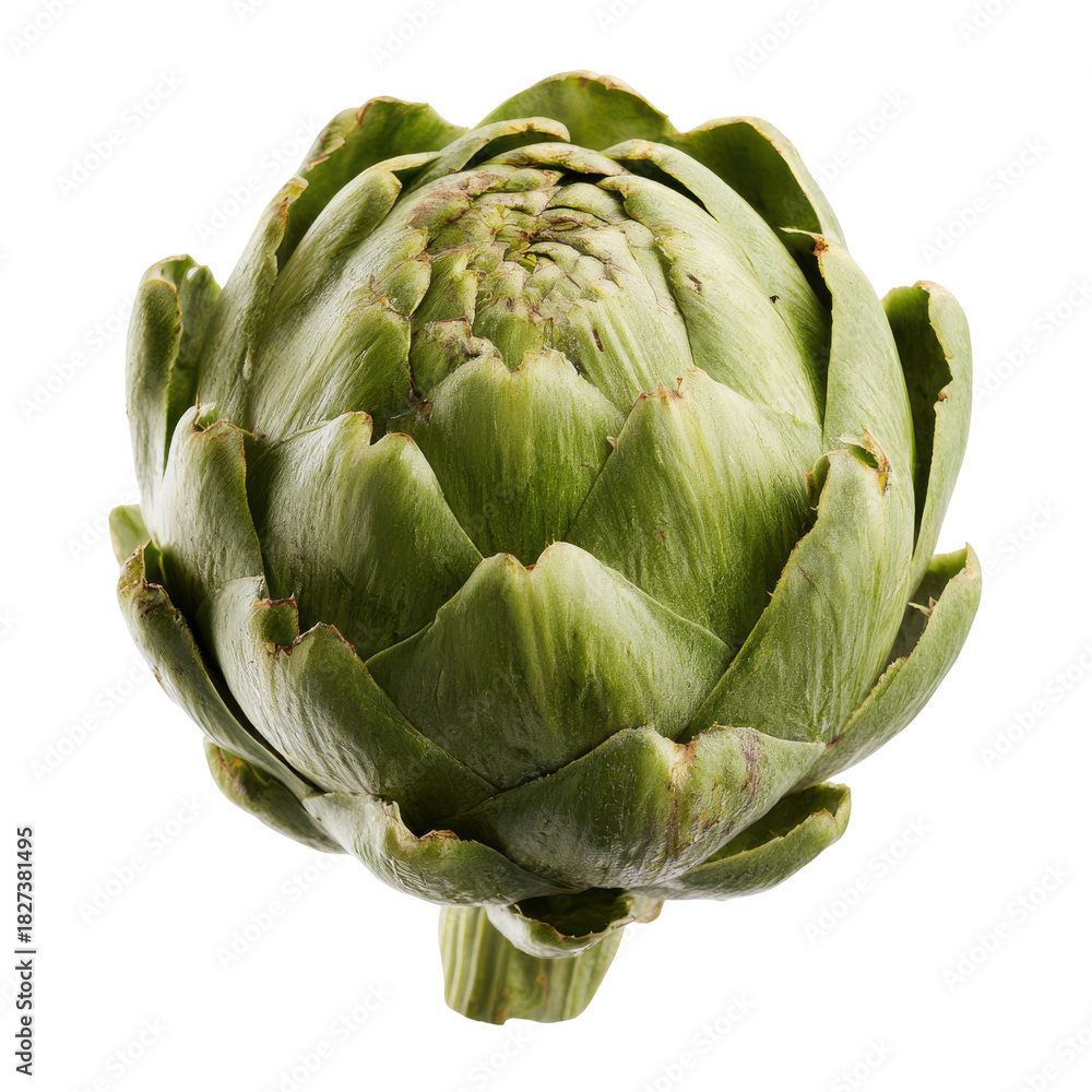 Fototapeta premium Single green artichoke vegetable with layered petals against black background food fresh, Png On White Background, Isolated on Transparent Background, Cut Out