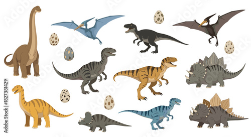 A vibrant collection of diverse prehistoric dinosaurs and dinosaur eggs on a white background, featuring various species and sizes.