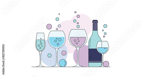 Stylized vector illustration of various alcoholic drinks, champagne and wine glasses, a bottle, with celebratory bubbles and soft pastel background.