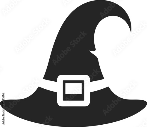 Black silhouette of a witch hat with a buckle on white background Keywords: witch hat, halloween