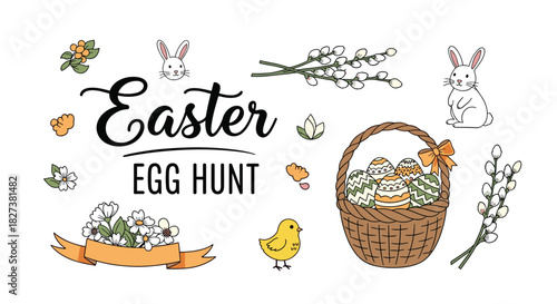 A cheerful Easter set featuring bunnies, colorful eggs in a basket, spring flowers, willow branches, a chick, and \.