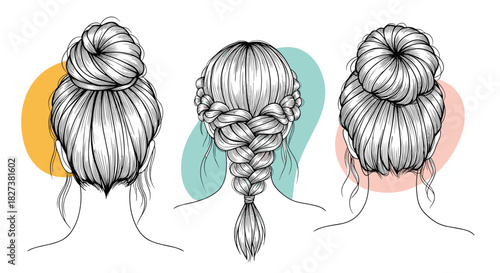 Hand-drawn illustrations of women from the back, featuring different hairstyles such as a messy bun, a French braid, and a low bun.