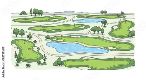 Scenic overhead illustration depicting a vibrant golf course with numerous holes, challenging water features, sand traps, and lush green fairways.