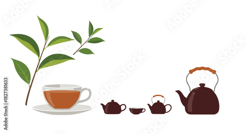An illustration of fresh green tea leaves, a glass cup of tea, and a variety of brown teapots and a small teacup on a white background.