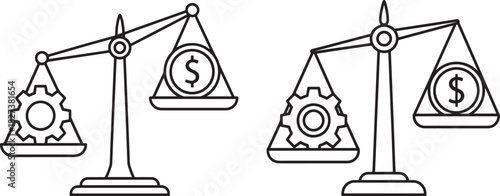 Balance scales weighing gears against money silhouette