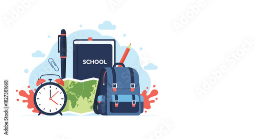 A vibrant illustration of essential school supplies including a backpack, notebook, alarm clock, and pen, set against a light background.