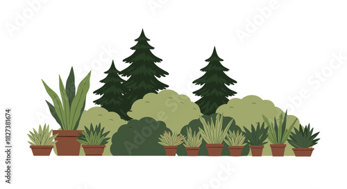 An illustration depicting a diverse garden landscape with various green plants, including tall evergreen trees, layered bushes, and an assortment of potted succulents.