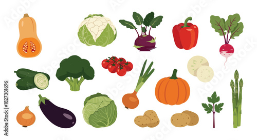 A vibrant assortment of fresh garden vegetables, including butternut squash, broccoli, bell peppers, and potatoes, on a white background.
