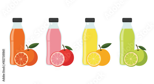 A vibrant assortment of bottled fresh fruit juices, featuring classic flavors like orange, pink grapefruit, lemon, and lime, paired with their fruits.