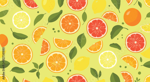 Vibrant seamless pattern of fresh citrus fruits including lemons, oranges, and grapefruits, with green leaves on a bright lime green background.