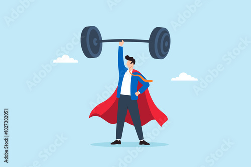 Flat illustration of businessman superhero confidently lifting heavy barbell with one hand symbolizing inner strength leadership power resilience determination ambition and success mindset