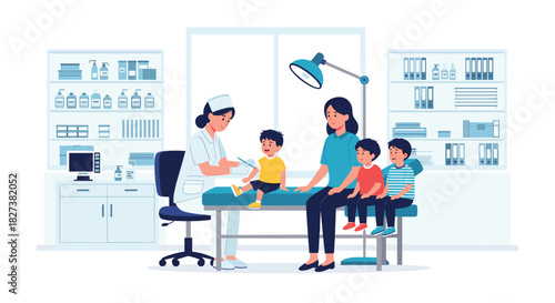 A nurse provides a pediatric check-up or consultation for a mother and her three young children in a bright clinic.