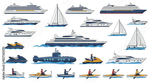A comprehensive pixel art collection showcasing various watercraft, from large cruise ships and luxury yachts to small jet skis and kayaks.
