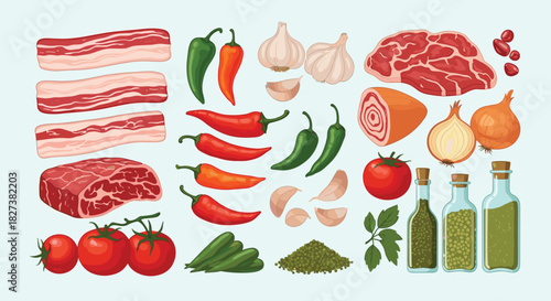 Assortment of fresh cooking ingredients with raw meats, bacon, beef, vegetables, herbs, and spices, ideal for a culinary background.
