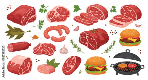 Assortment of fresh raw meat cuts, sausages, burgers, and grilling equipment with herbs and spices on a white background.