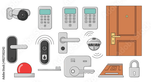 A comprehensive collection of smart home security systems and access control devices, including cameras, keypads, and door locks.