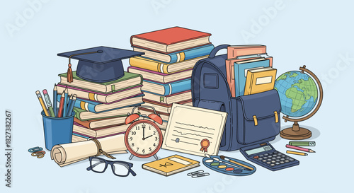 A vibrant collection of educational tools and school supplies, including books, a graduation cap, backpack, and globe, symbolizing learning and academic success.