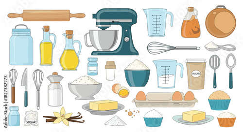 An extensive collection of baking tools and fresh ingredients, including a stand mixer, rolling pin, flour, eggs, and butter, perfect for homemade desserts.