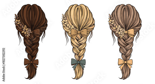 Collection of three elegant braided hairstyles for women, featuring floral arrangements and bows in various hair colors.