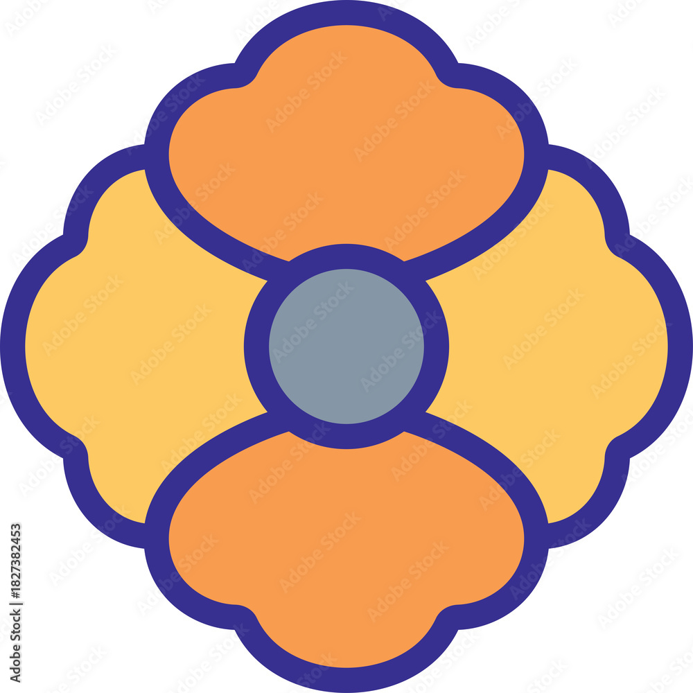Obraz premium Stylized Geometric Floral Motif With Orange Petals Blue Outline And Grey Center On Transparent Background Simple Abstract Decoration