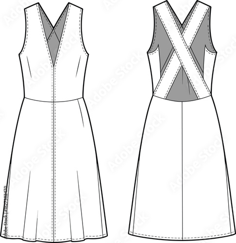“Stylish sleeveless dress technical flat with crossover front and back straps, fitted waist, flared skirt, fashion CAD drawing illustration”