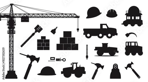 Construction site equipment and tools silhouette collection