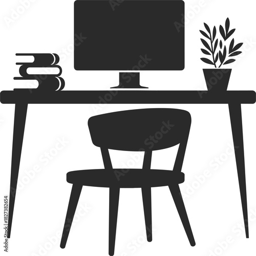 Silhouette of a desk with a computer, chair, books, and plant vector illustration